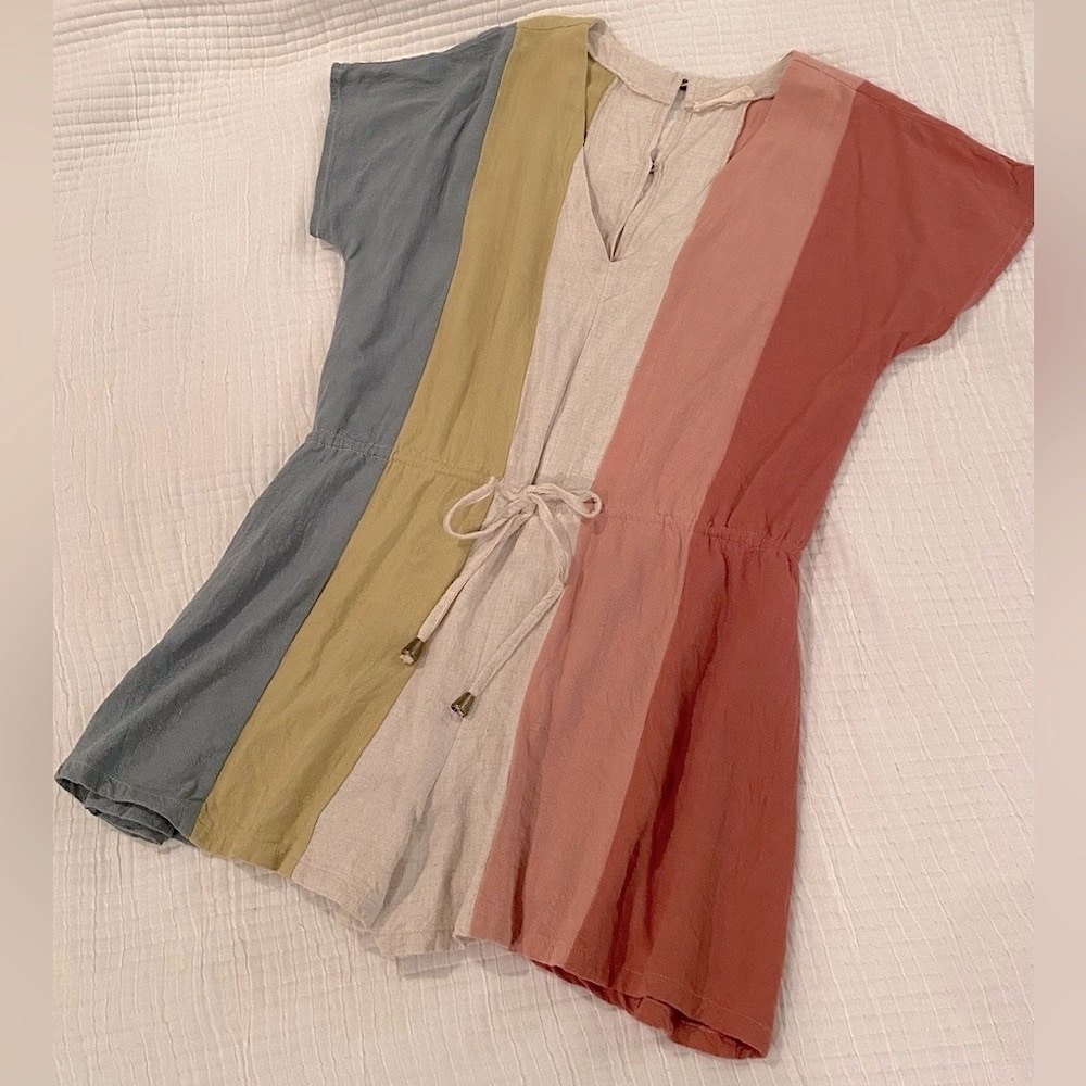 Linen Blend Boho Stripe Colorblock Coastal Romper - image 4